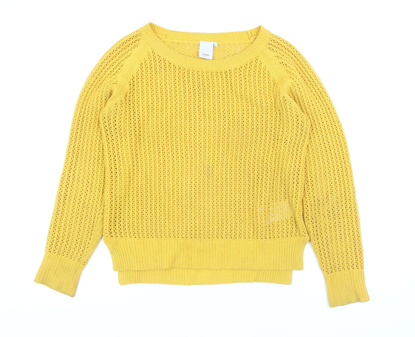 ICHI Women Yellow Open Knit Cotton Blend Jumper Size S