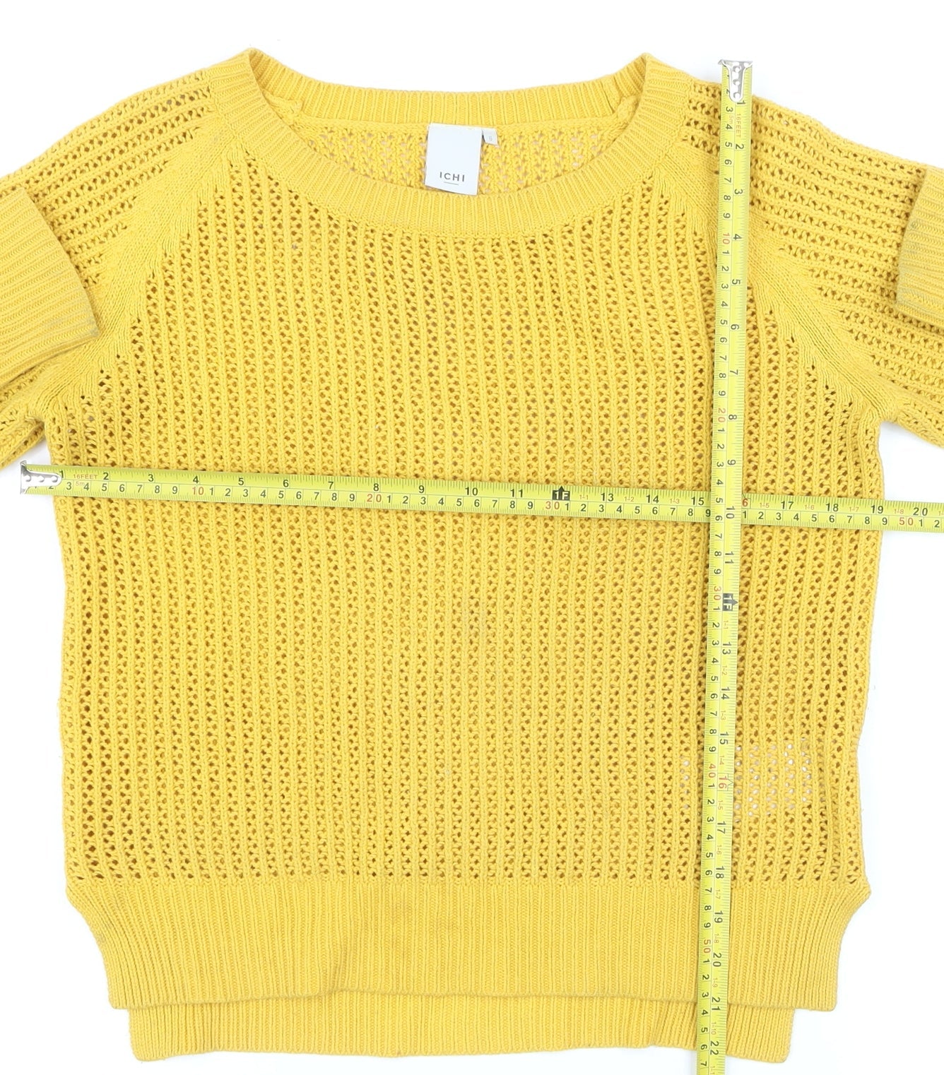 ICHI Women Yellow Open Knit Cotton Blend Jumper Size S