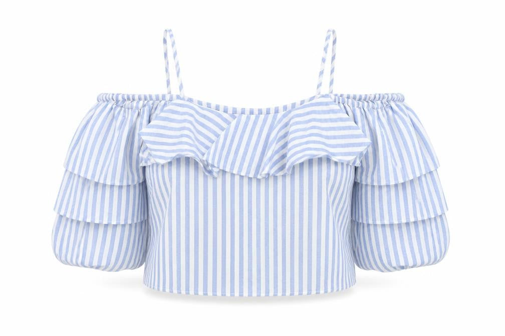 New Look Petite Blue Stripe Off Shoulder Ruffle Blouse Size 10