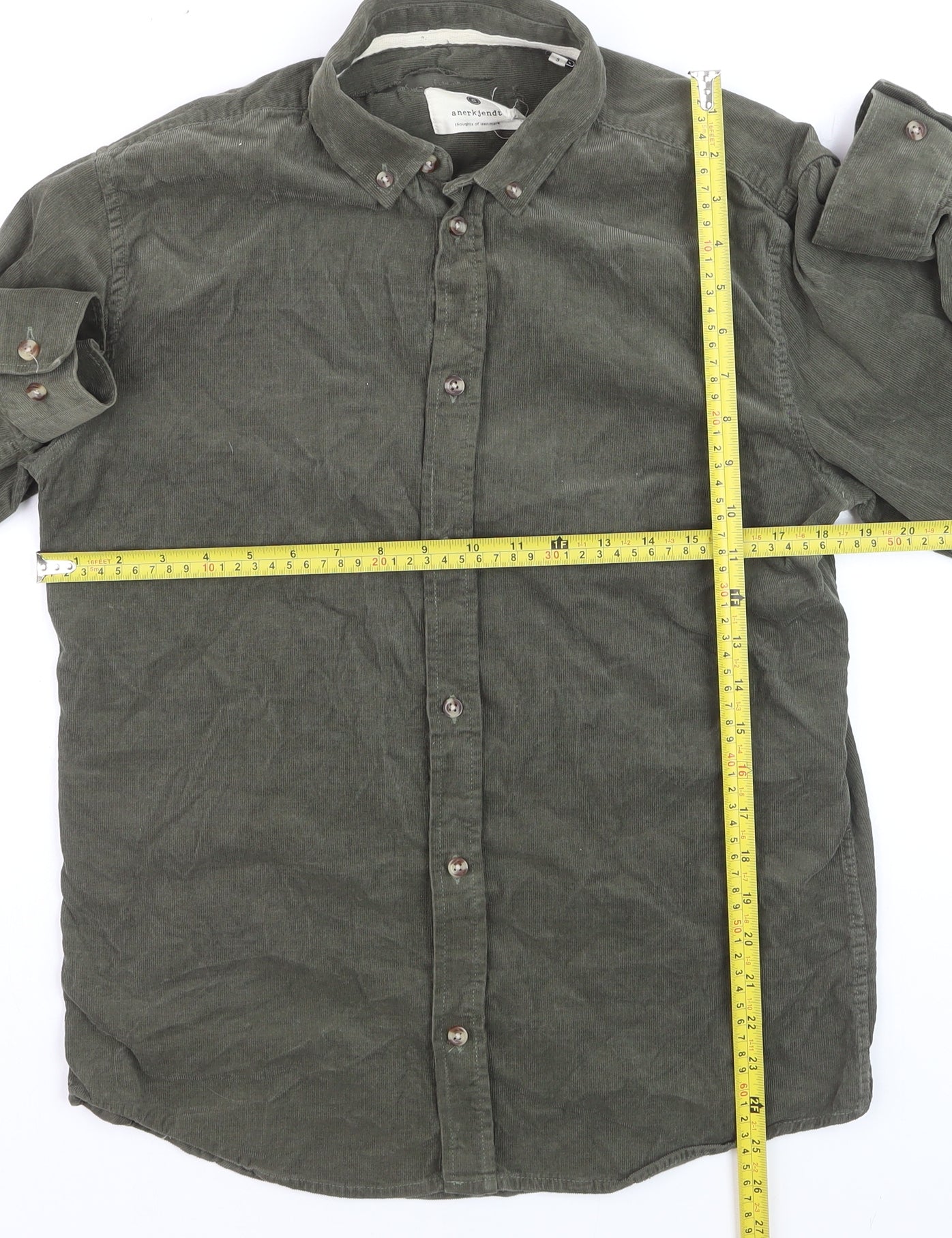 Anerkjendt Men's Green Corduroy Long Sleeve Button-Down Shirt Size S
