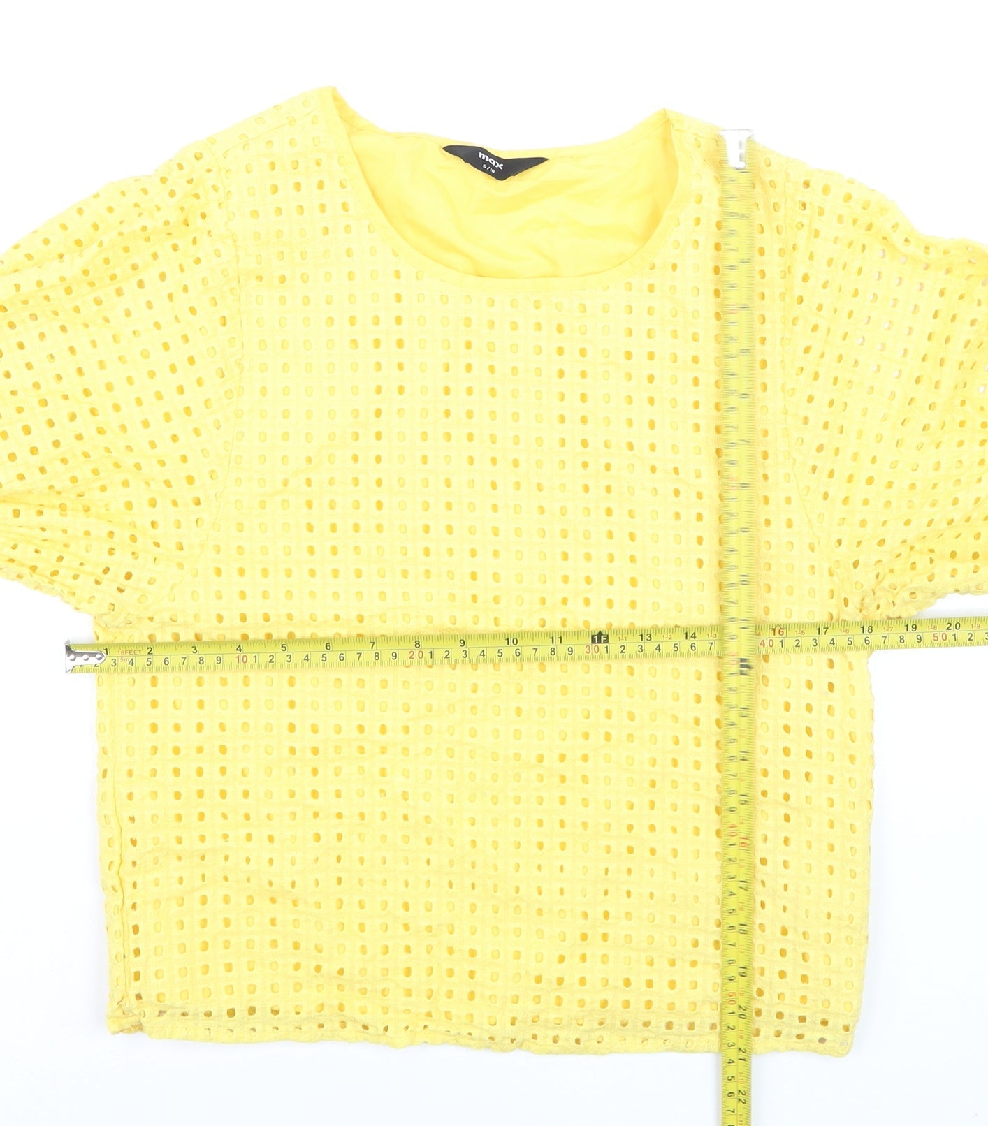 Max Womens Yellow Cotton Blouse Size 10 Short Sleeve Eyelet Top