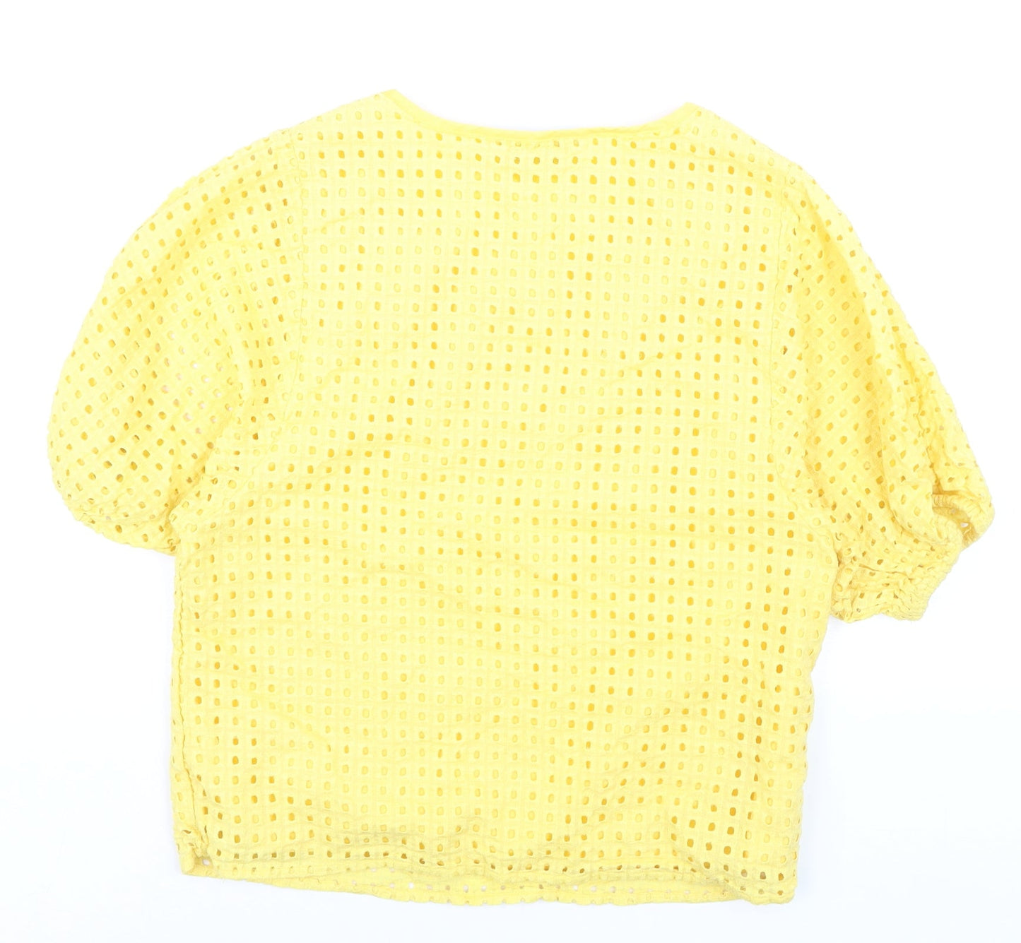 Max Womens Yellow Cotton Blouse Size 10 Short Sleeve Eyelet Top