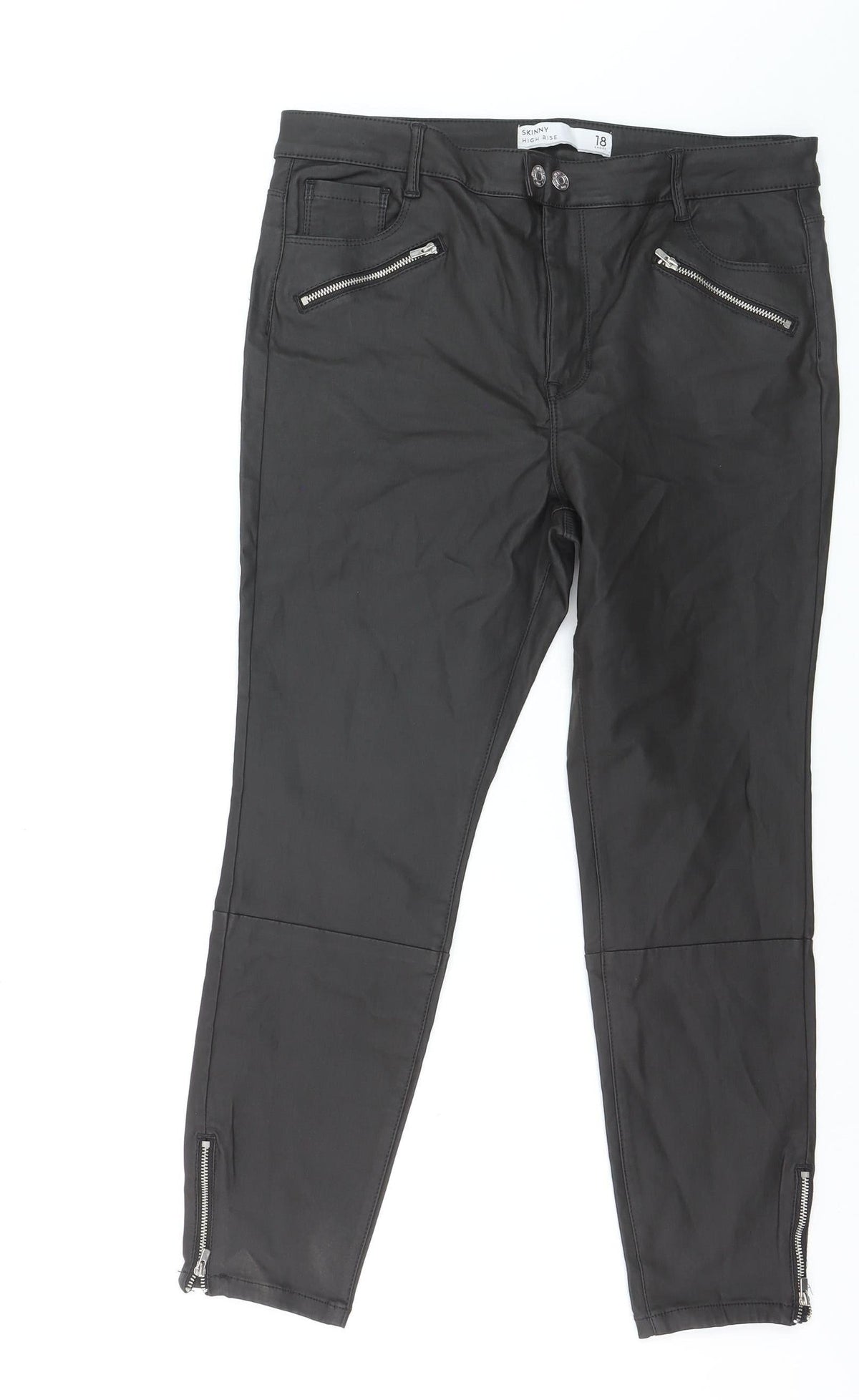 Next Women's Black High Rise Skinny Faux Leather Trousers Size 18 Short