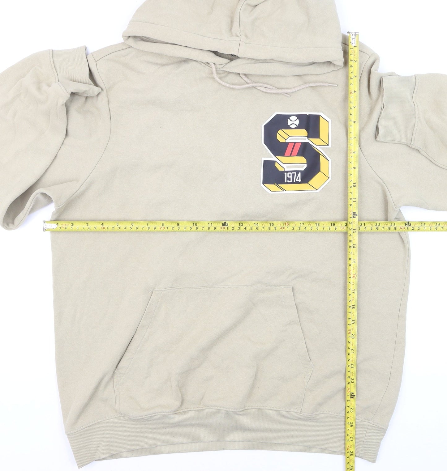 H&M Men’s Beige XL Pullover Hoodie Regular Fit Graphic Print