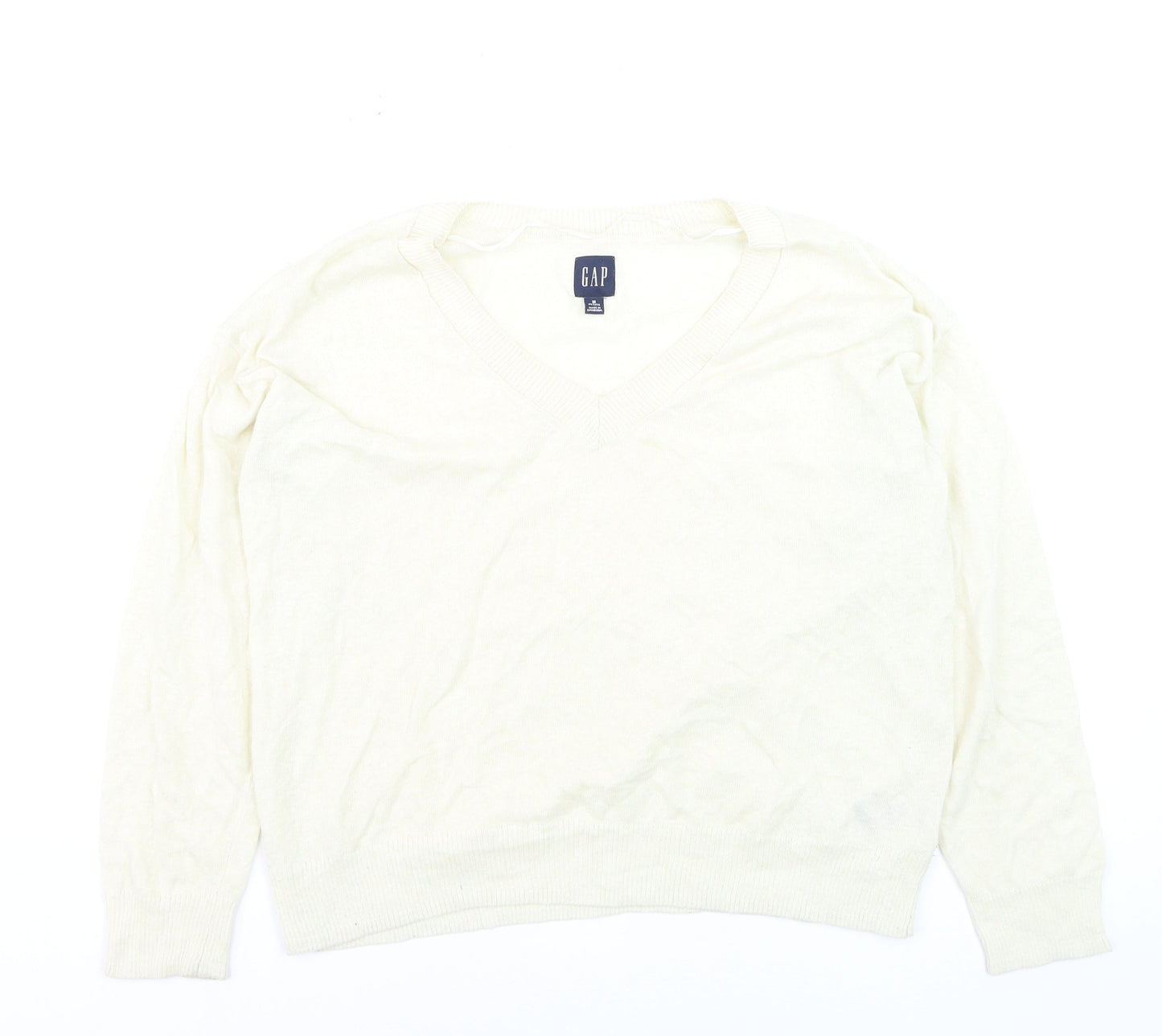 GAP Women Ivory V-Neck Linen Blend Pullover Jumper Size M