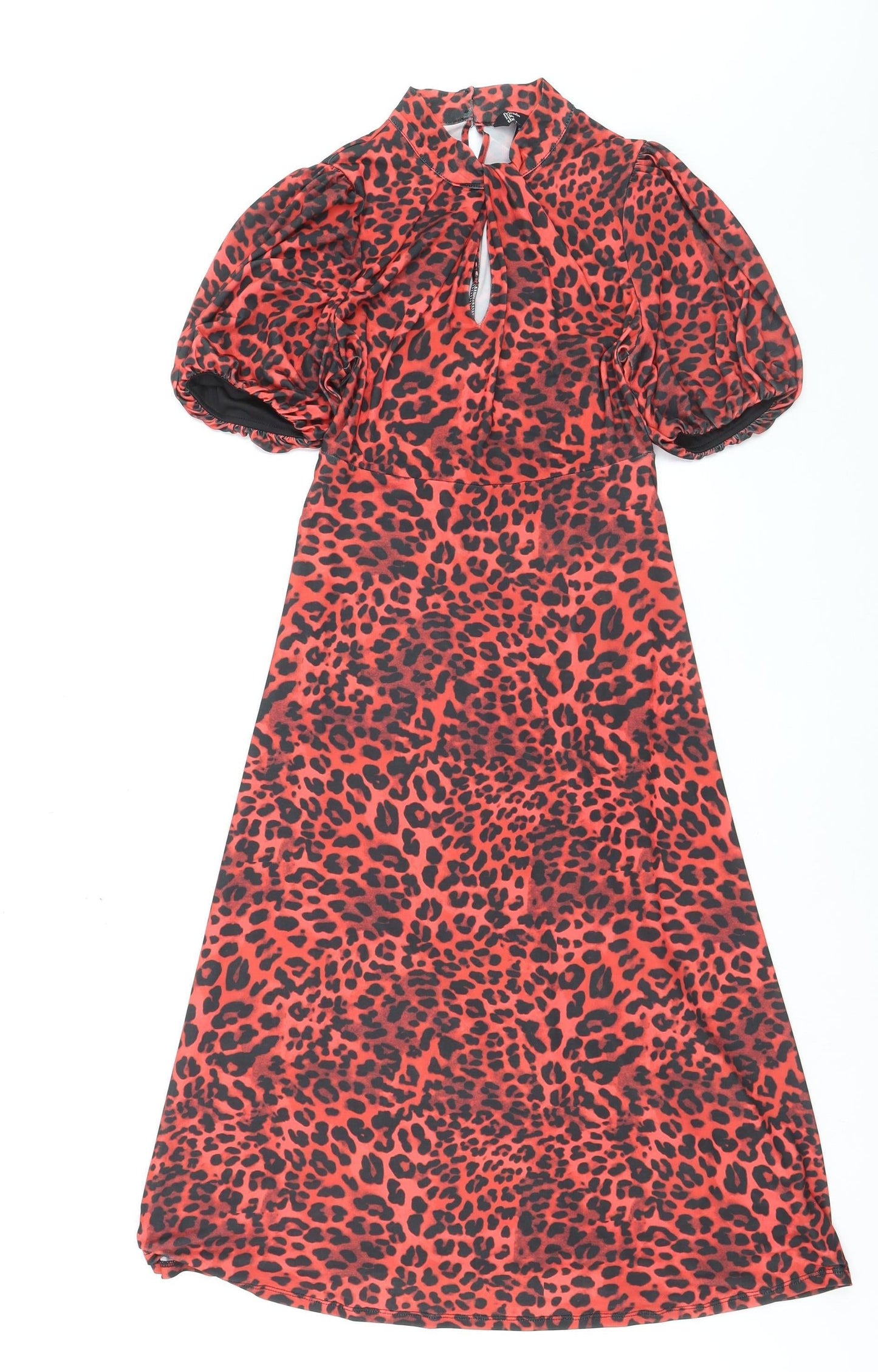 Friends Like These Women’s Red Leopard Print Midi Puff Sleeve A-Line Dress Size 8