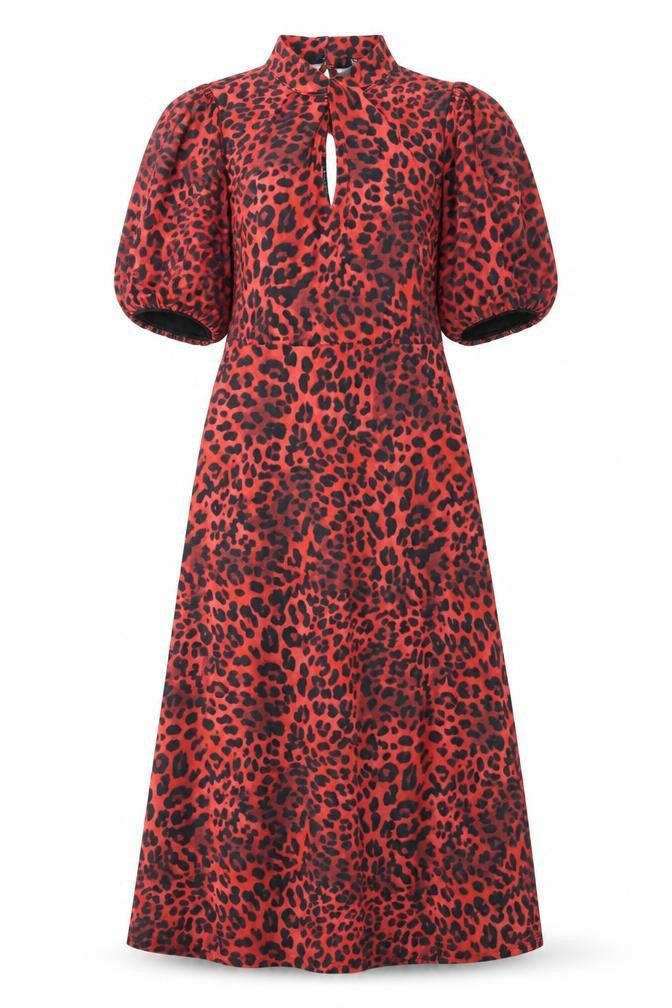 Friends Like These Women’s Red Leopard Print Midi Puff Sleeve A-Line Dress Size 8