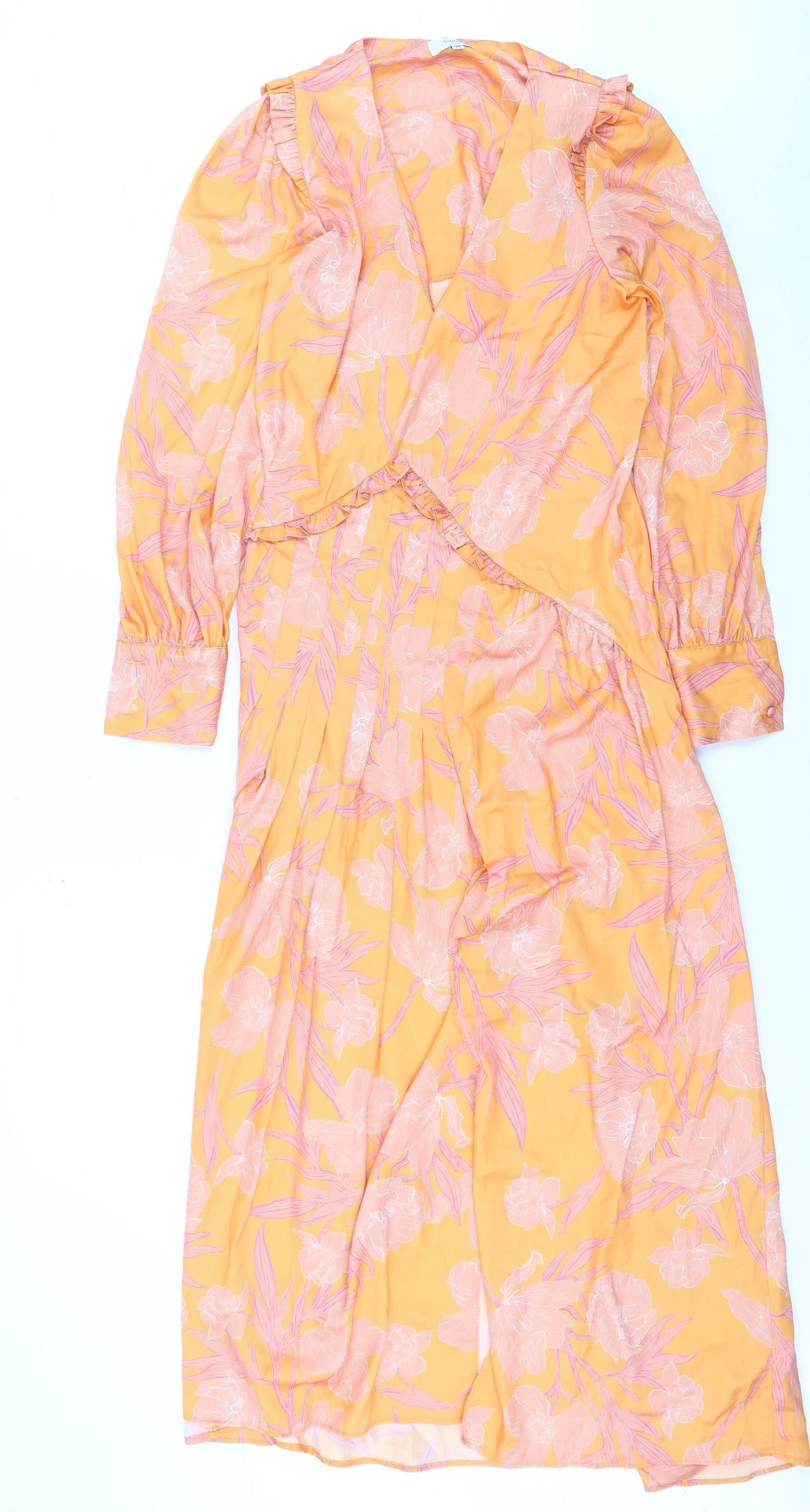 Fórmula Joven Women's Orange Floral Midi Wrap Dress Size 8