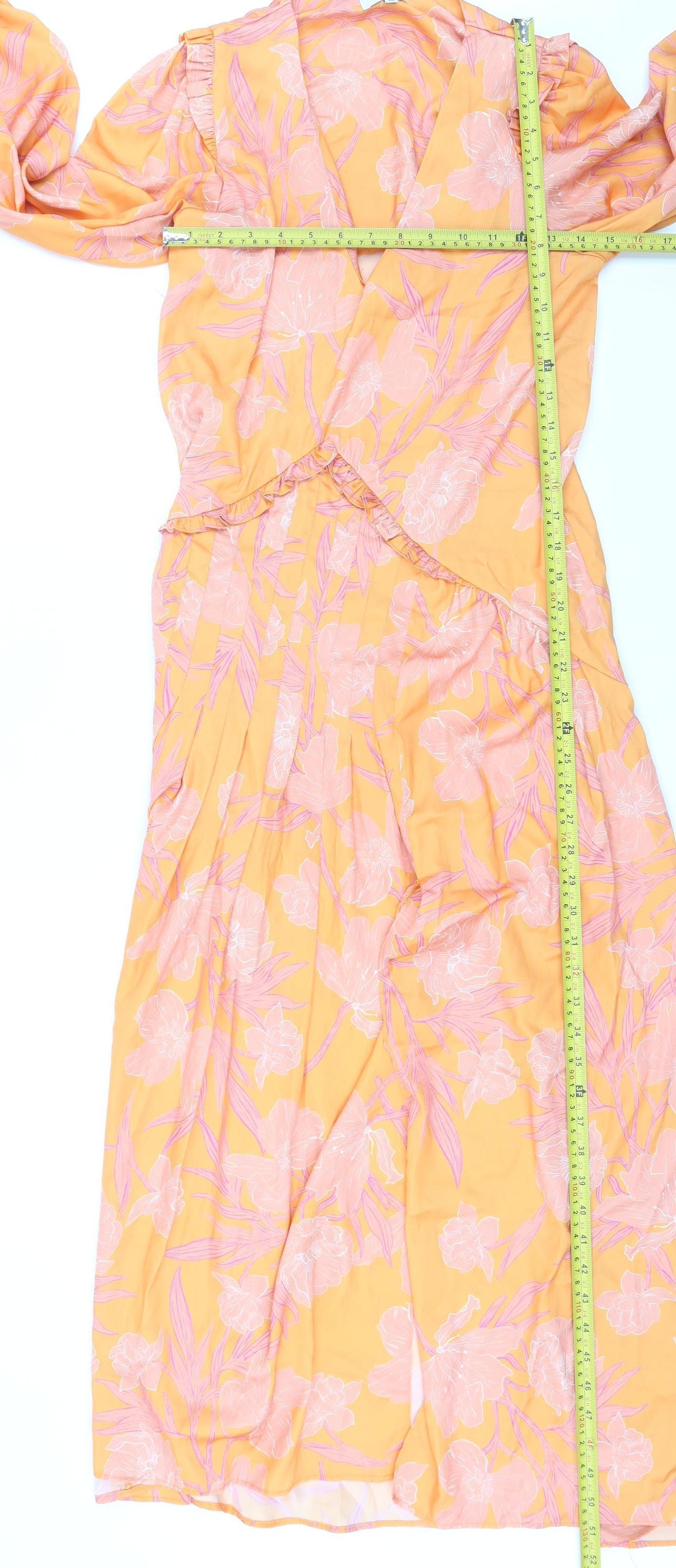 Fórmula Joven Women's Orange Floral Midi Wrap Dress Size 8