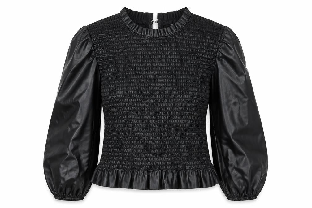 Zara Women Black Faux Leather Puff Sleeve Smocked Blouse Size M