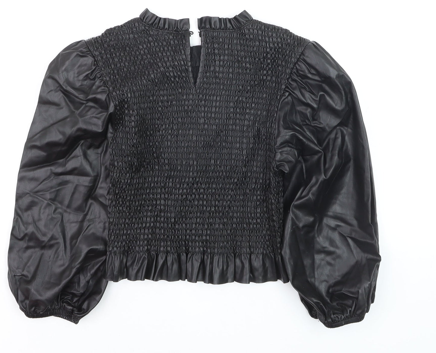 Zara Women Black Faux Leather Puff Sleeve Smocked Blouse Size M