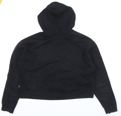 Close-up detail of Puma boys’ black gold logo pullover hoodie, size S