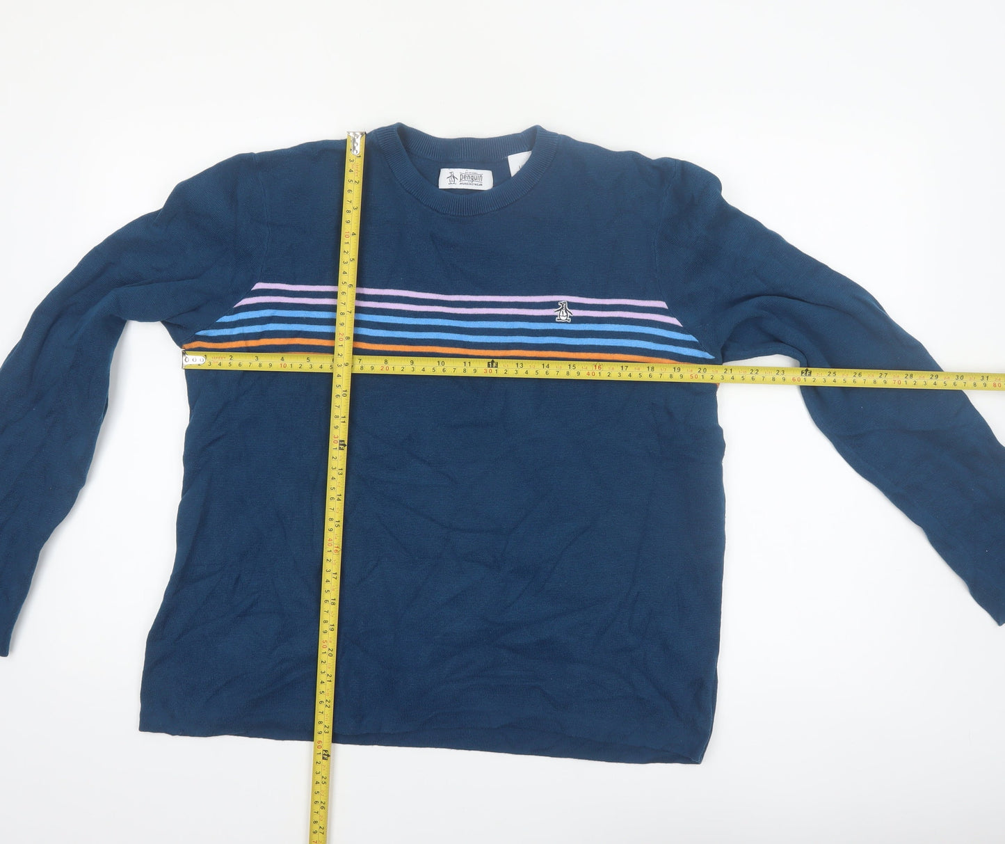 Original Penguin Women's Blue Striped Cotton Jumper L Crew Neck