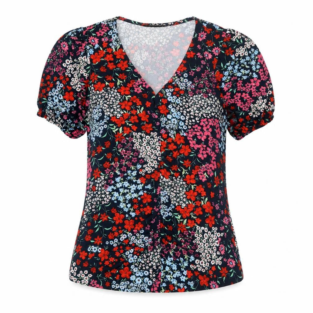 Dunnes Women’s Multicoloured Floral V-Neck Short Sleeve Blouse Size 10