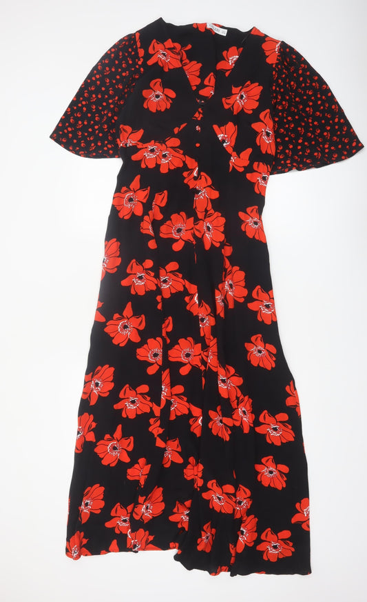 Gallery Women’s Black Red Floral Midi Fit & Flare Dress UK 8