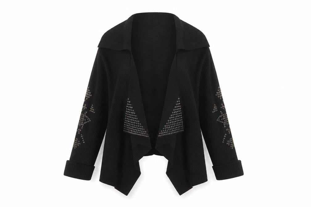 Fuego Women Black Studded Open Cardigan Medium Wool Blend
