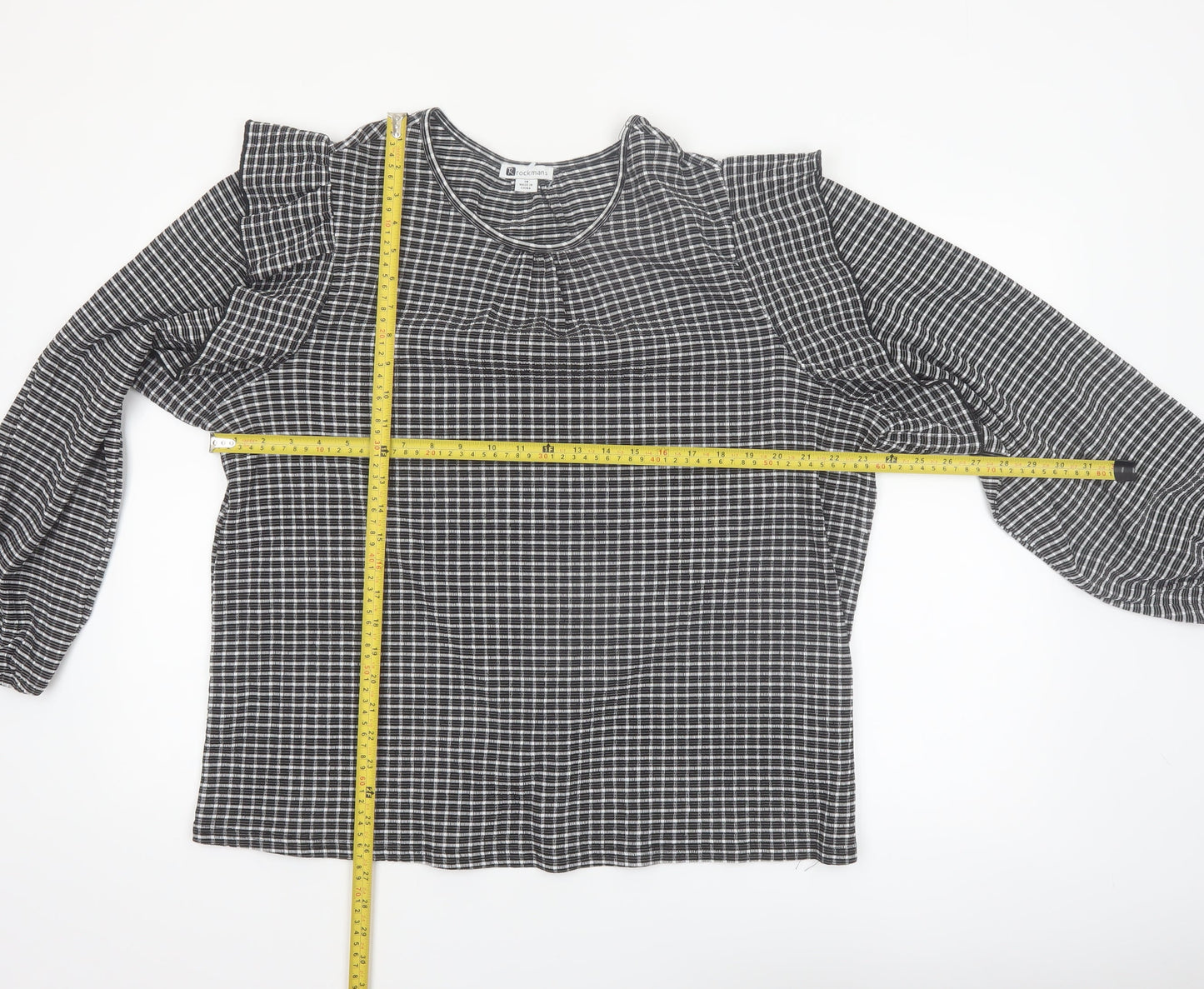 Rockmans Women Black Check Ruffle Long Sleeve Tunic Blouse Size 18