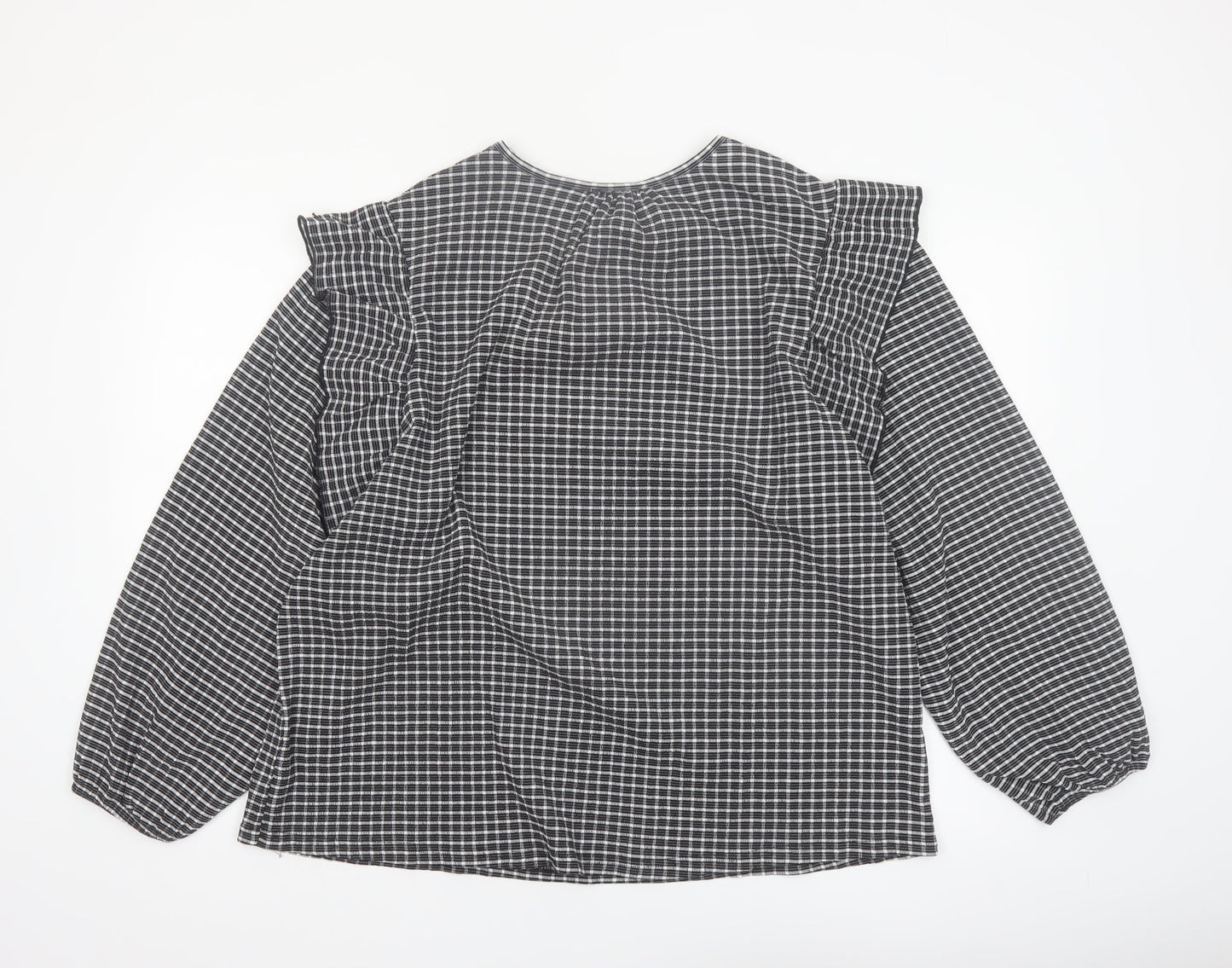 Rockmans Women Black Check Ruffle Long Sleeve Tunic Blouse Size 18