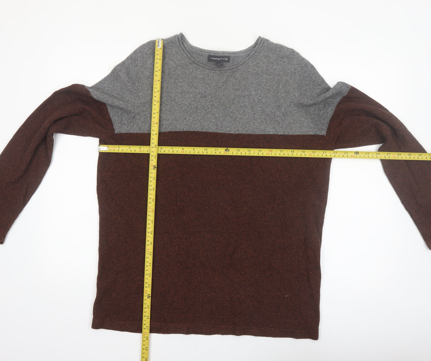 Red Herring Men’s Grey Brown Cotton Crew Neck Jumper Size L