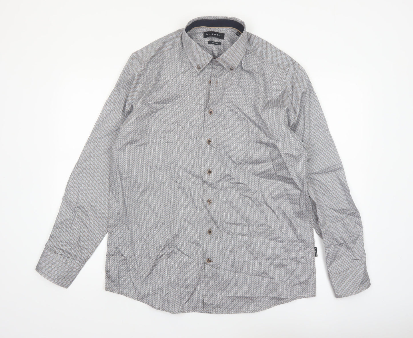 Bugatti Men's Grey Geometric Long Sleeve Button-Up Shirt Size L