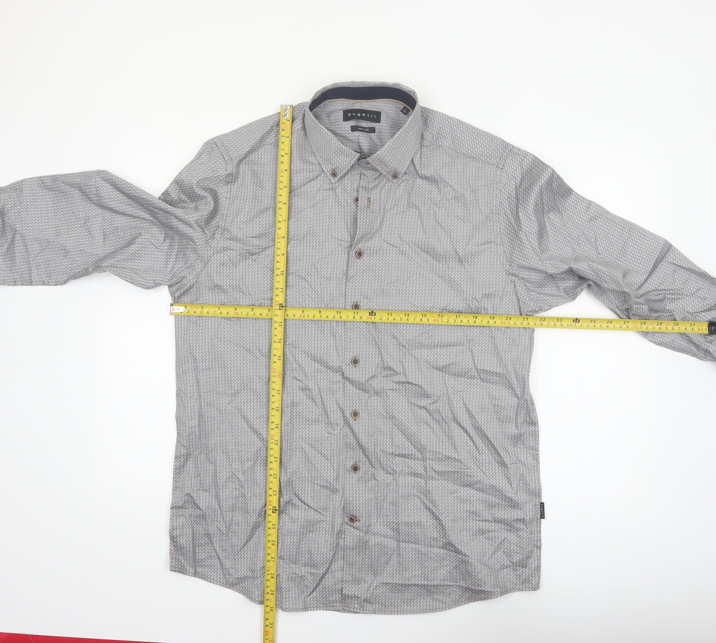 Bugatti Men's Grey Geometric Long Sleeve Button-Up Shirt Size L