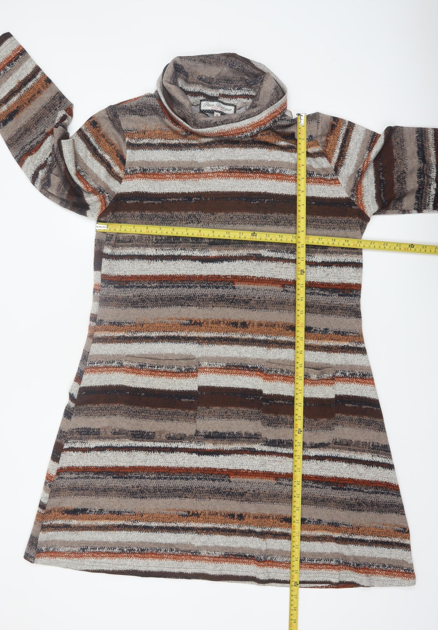 Paco Boutique Women Brown Striped Roll Neck Knit Shift Dress Size 16