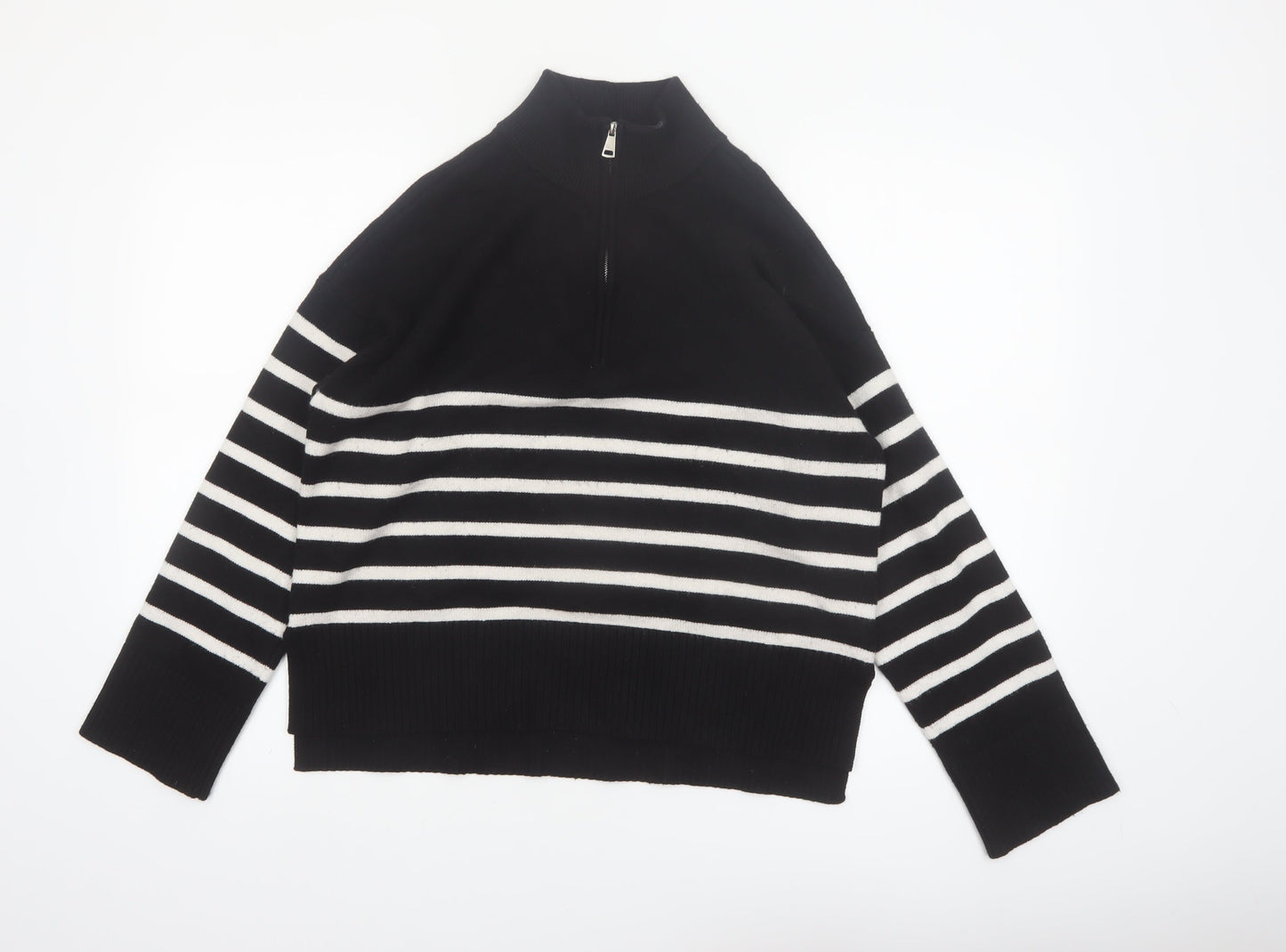 DKNY Jeans Women's Black Striped Mock Neck 1/4 Zip Jumper Size L