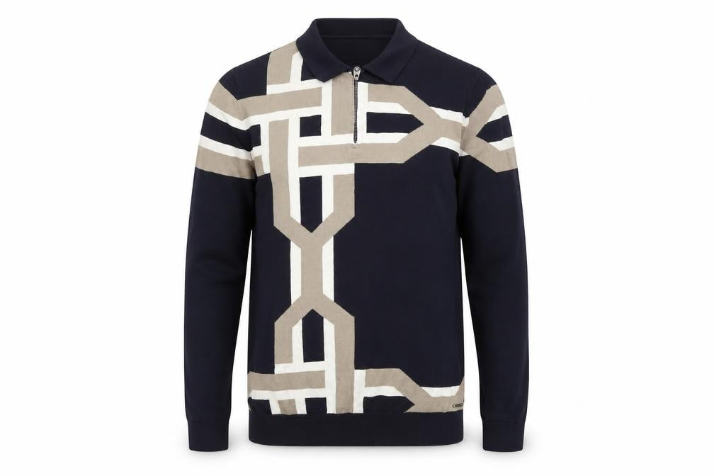 Marks and Spencer Men’s Blue Geometric 1/2 Zip Cotton Jumper Size L