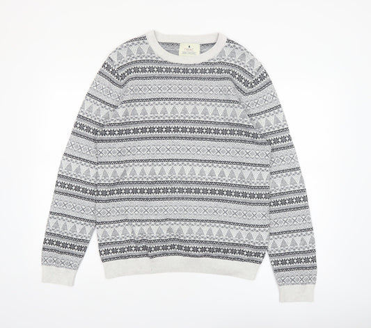 Next Men's Grey Fair Isle Cotton Crew Neck Jumper Size M