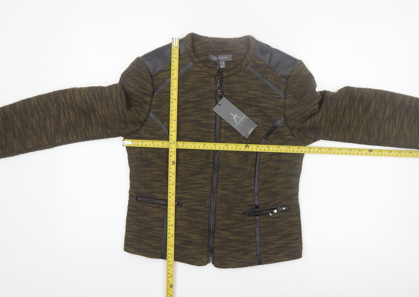 Atmosphere Women’s Khaki Zip-Up Jacket Size 10 Faux Leather Trim