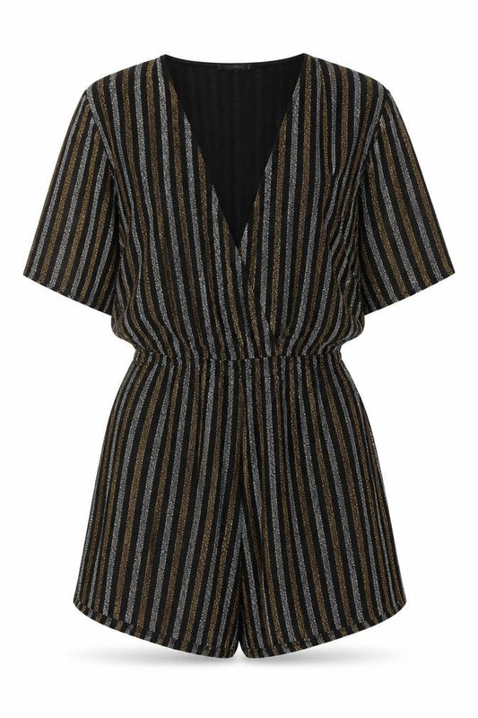 Pull&Bear Women Black Gold Striped Playsuit Size 12 Metallic Short Sleeve