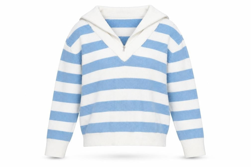 MNG Women’s Blue White Striped V-Neck Pullover Jumper Size S