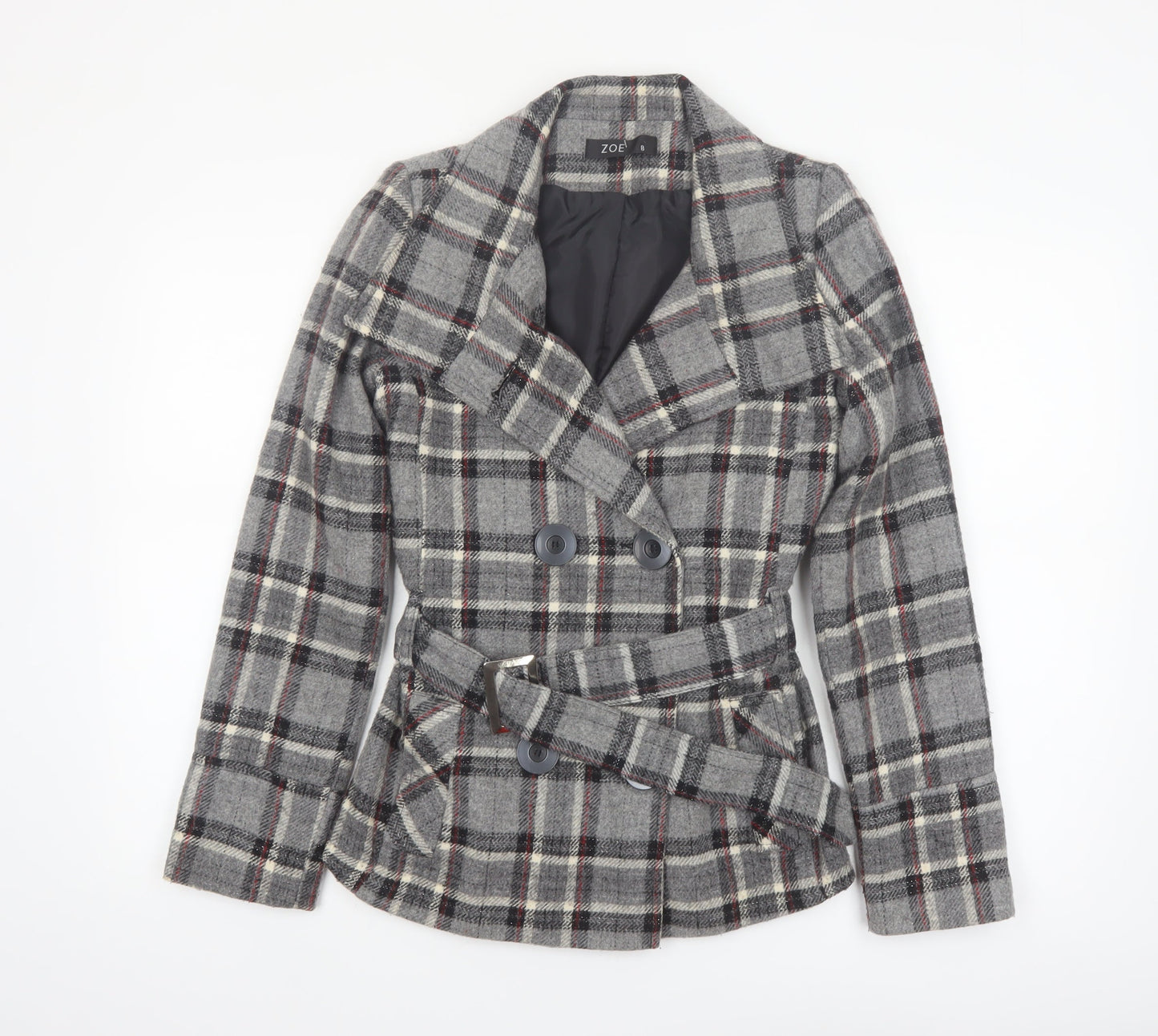 Zoe Women’s Grey Check Wool Blend Belted Blazer Coat Size 8