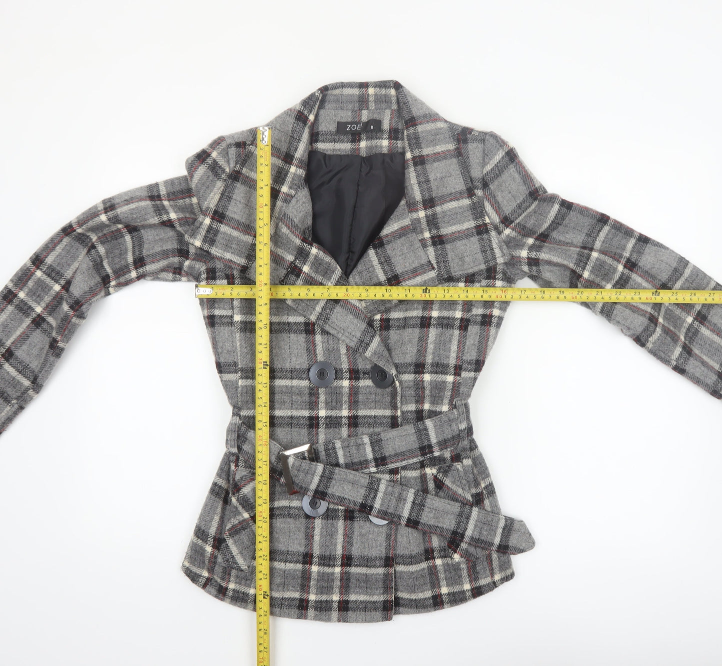 Zoe Women’s Grey Check Wool Blend Belted Blazer Coat Size 8