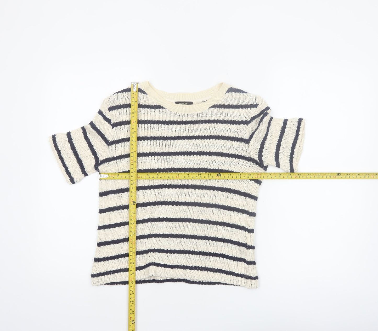 Massimo Dutti Women's Ivory Striped Knit Linen Blend T-Shirt XS