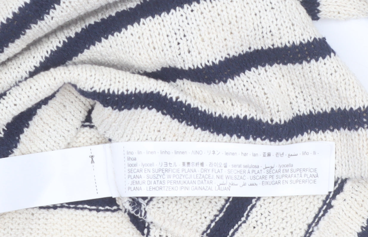 Massimo Dutti Women's Ivory Striped Knit Linen Blend T-Shirt XS
