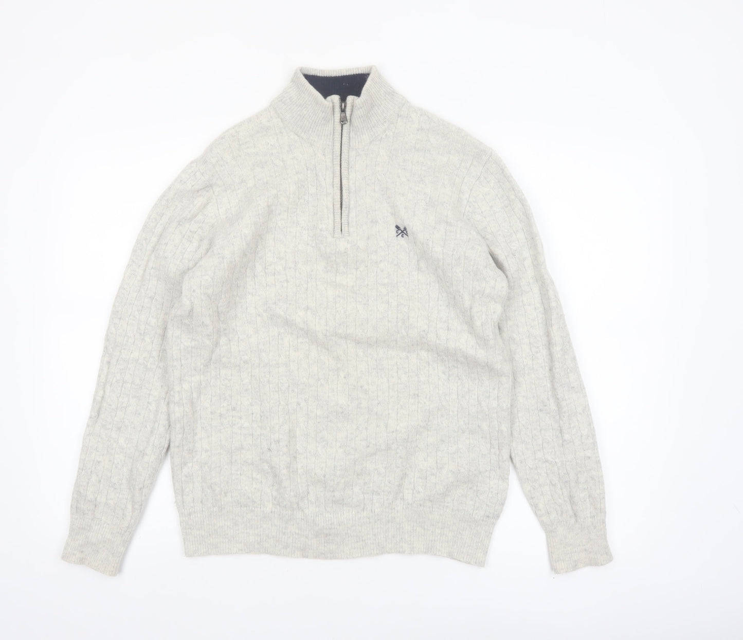 Crew Clothing Company Men's Grey Cable-Knit 1/2 Zip Jumper M