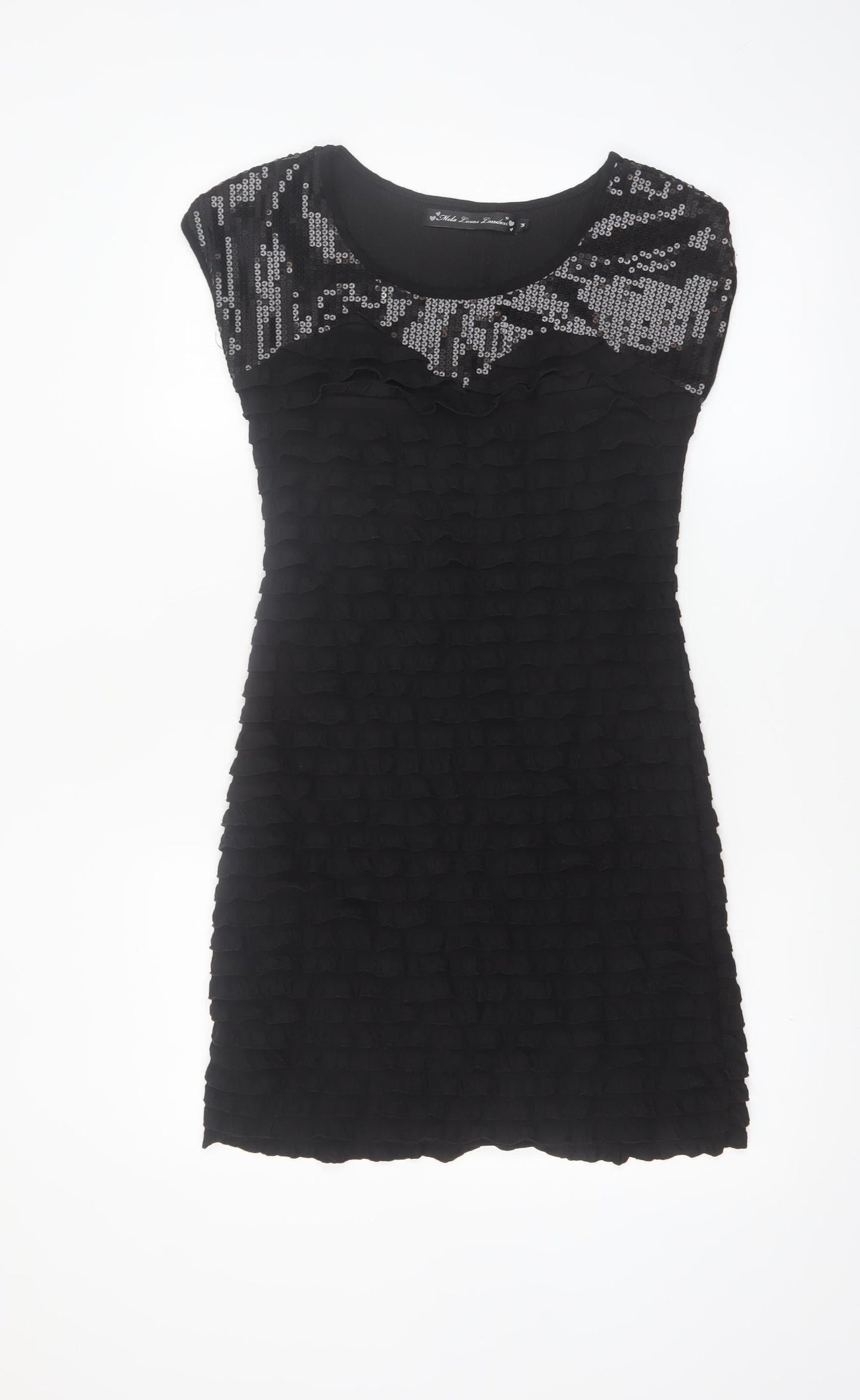 Mela Loves London Women's Black Sequin Ruffle Shift Dress Size S