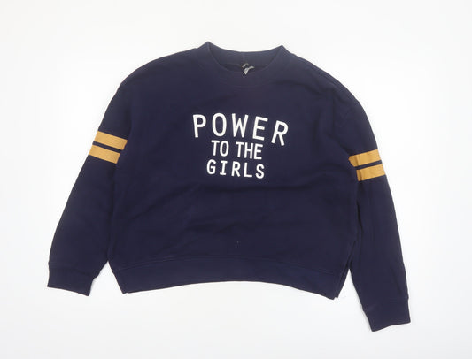 H&M Divided Women's Navy Blue Pullover Sweatshirt Size 12 'Power to the Girls'