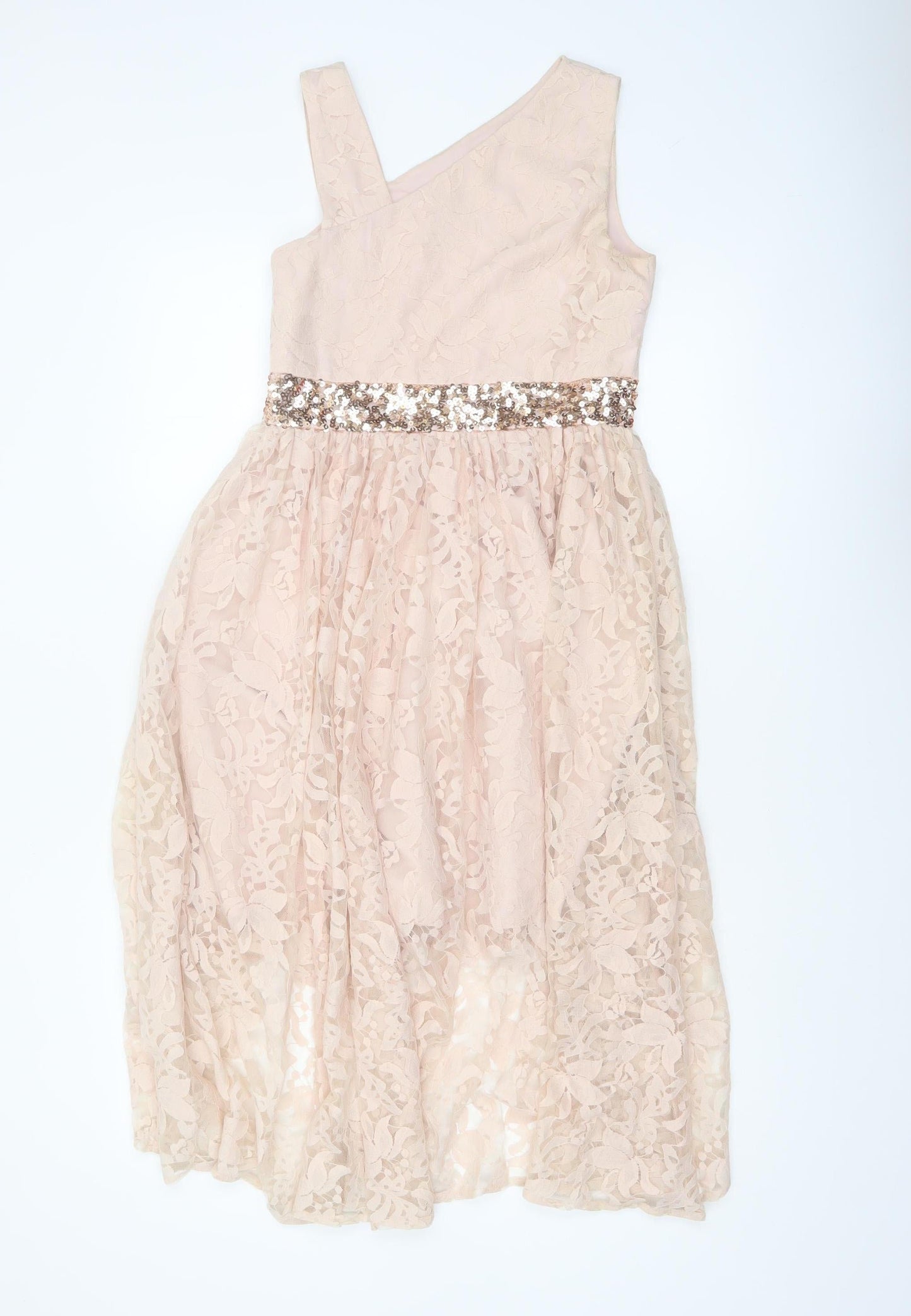 Monsoon Girls Beige Lace Hi-Low One Shoulder Party Dress 12 Years