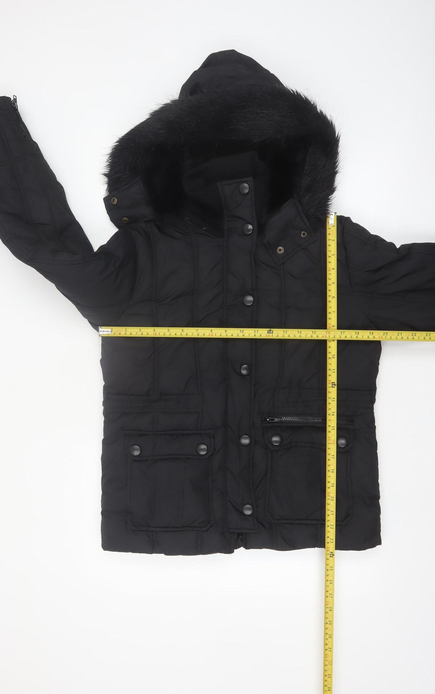 St. Bernard Women’s Black Hooded Puffer Jacket Size 8 Faux Fur Trim