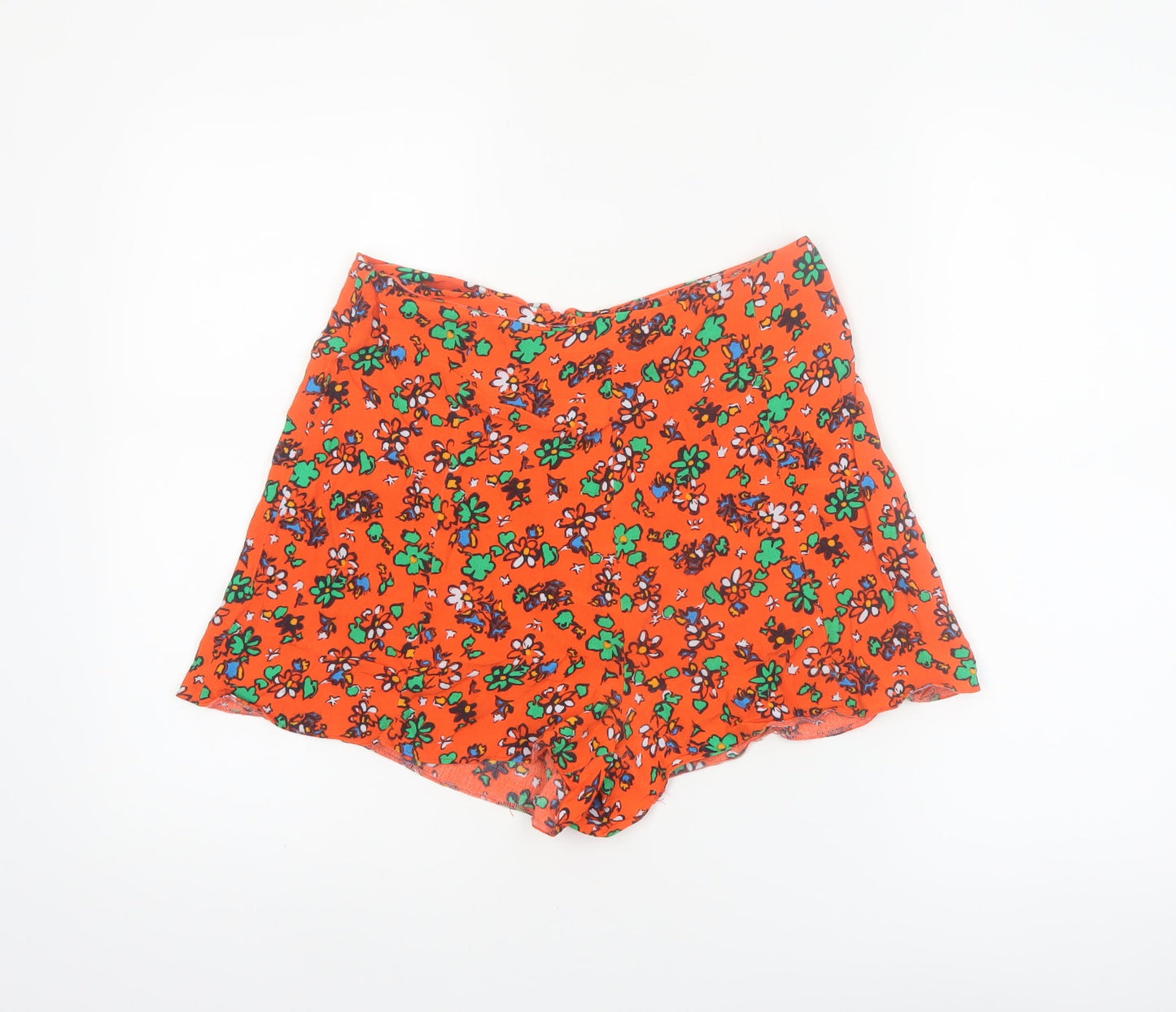 Topshop Women Orange Floral Print High Waist Viscose Shorts Size 10