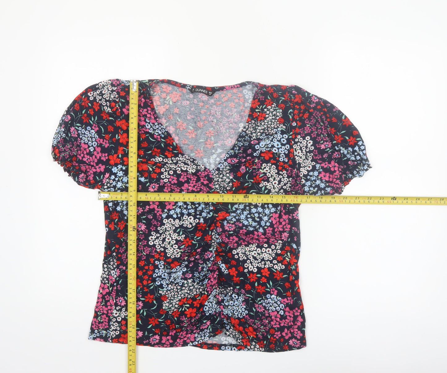 Dunnes Women's Multicoloured Floral V-Neck Puff Sleeve Blouse Size 16
