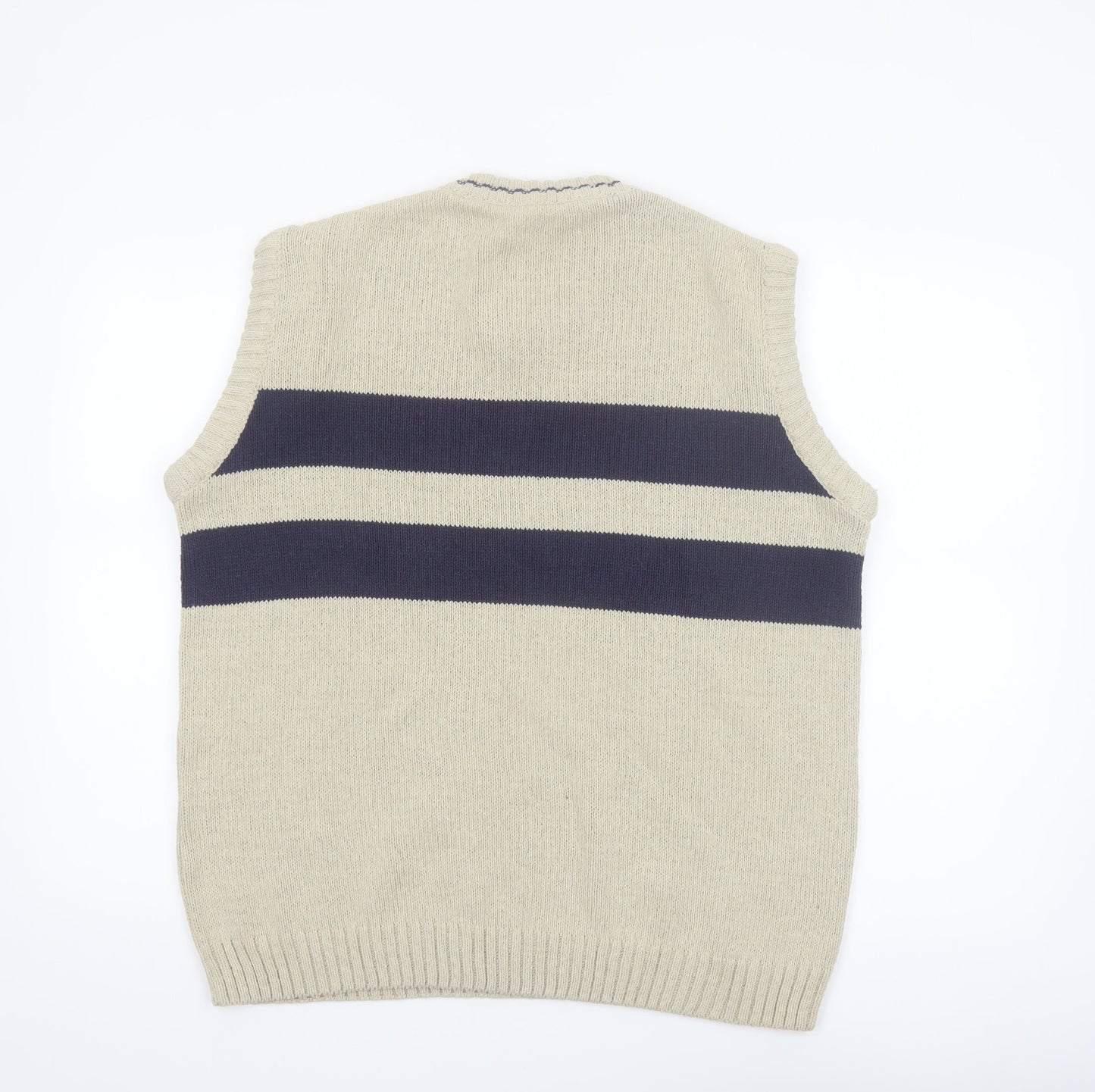 East End Men's Beige Striped Cotton V-Neck Sleeveless Vest L