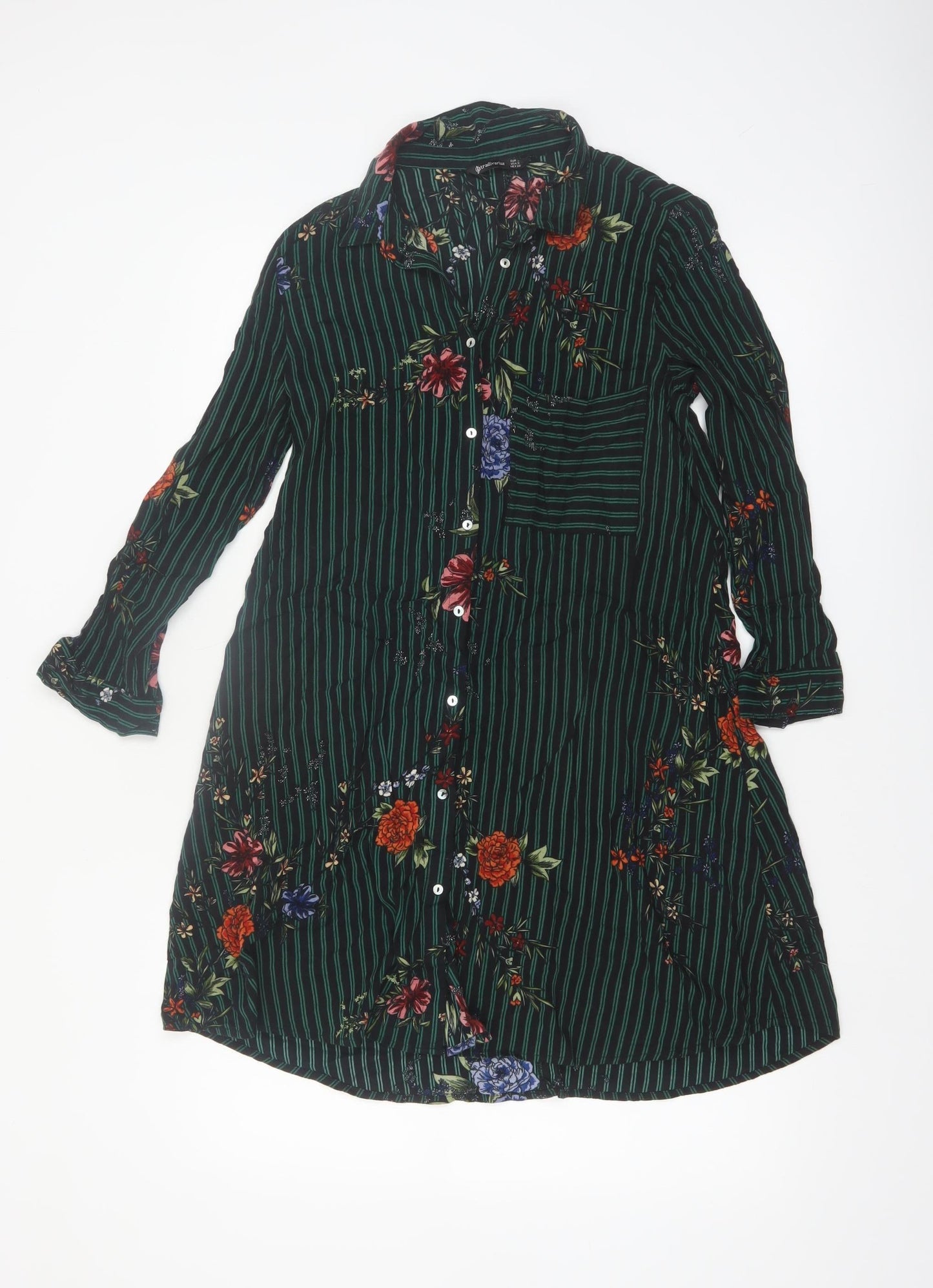 Stradivarius Women Green Floral Stripe Shirt Dress Size 8