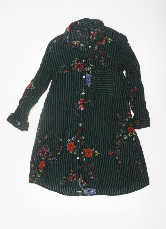Stradivarius Women Green Floral Stripe Shirt Dress Size 8