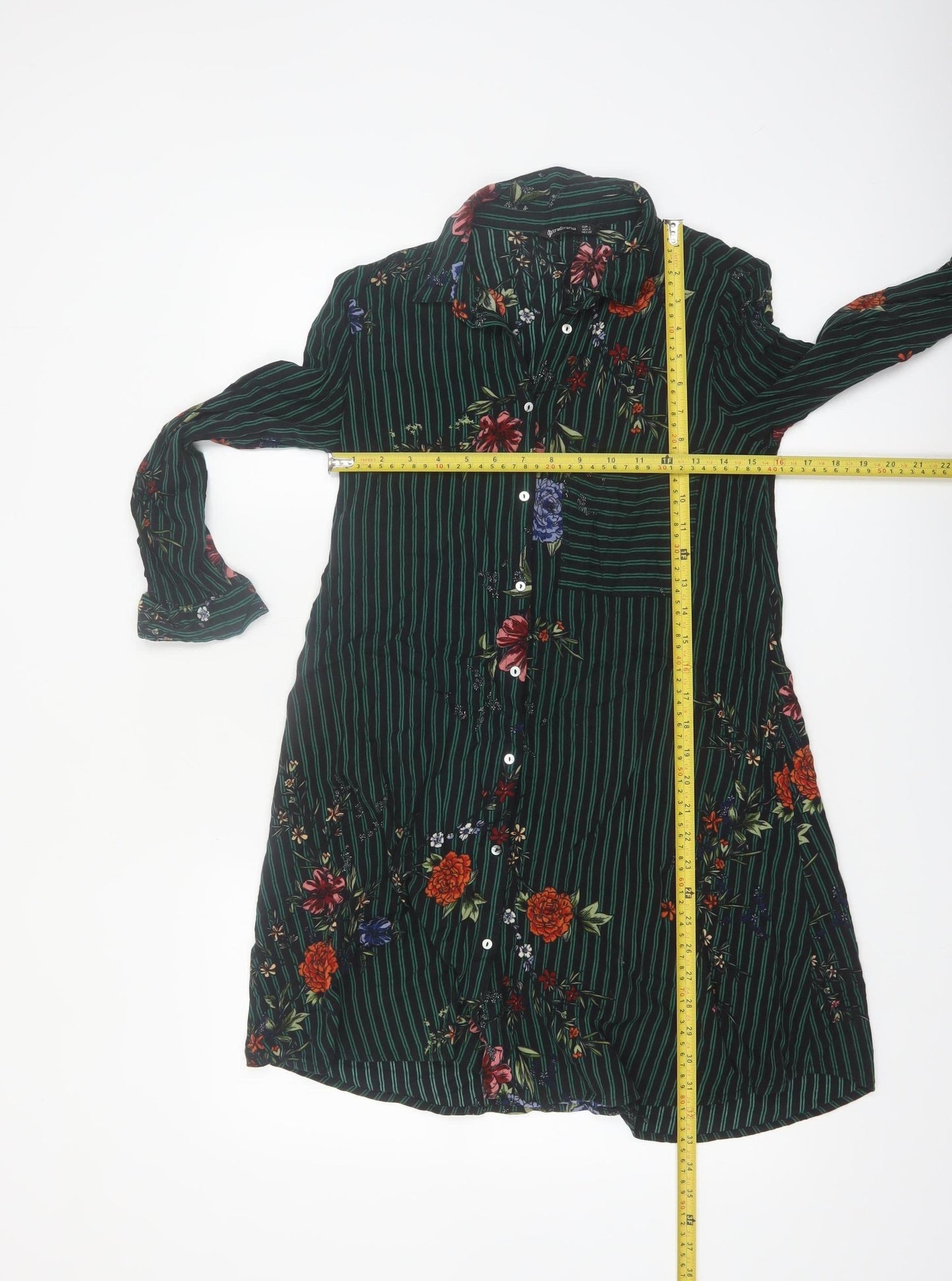 Stradivarius Women Green Floral Stripe Shirt Dress Size 8