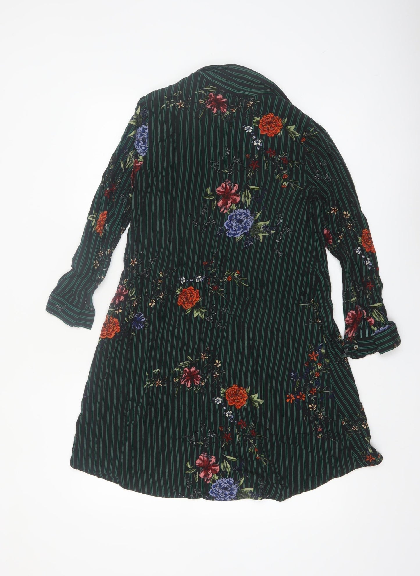 Stradivarius Women Green Floral Stripe Shirt Dress Size 8