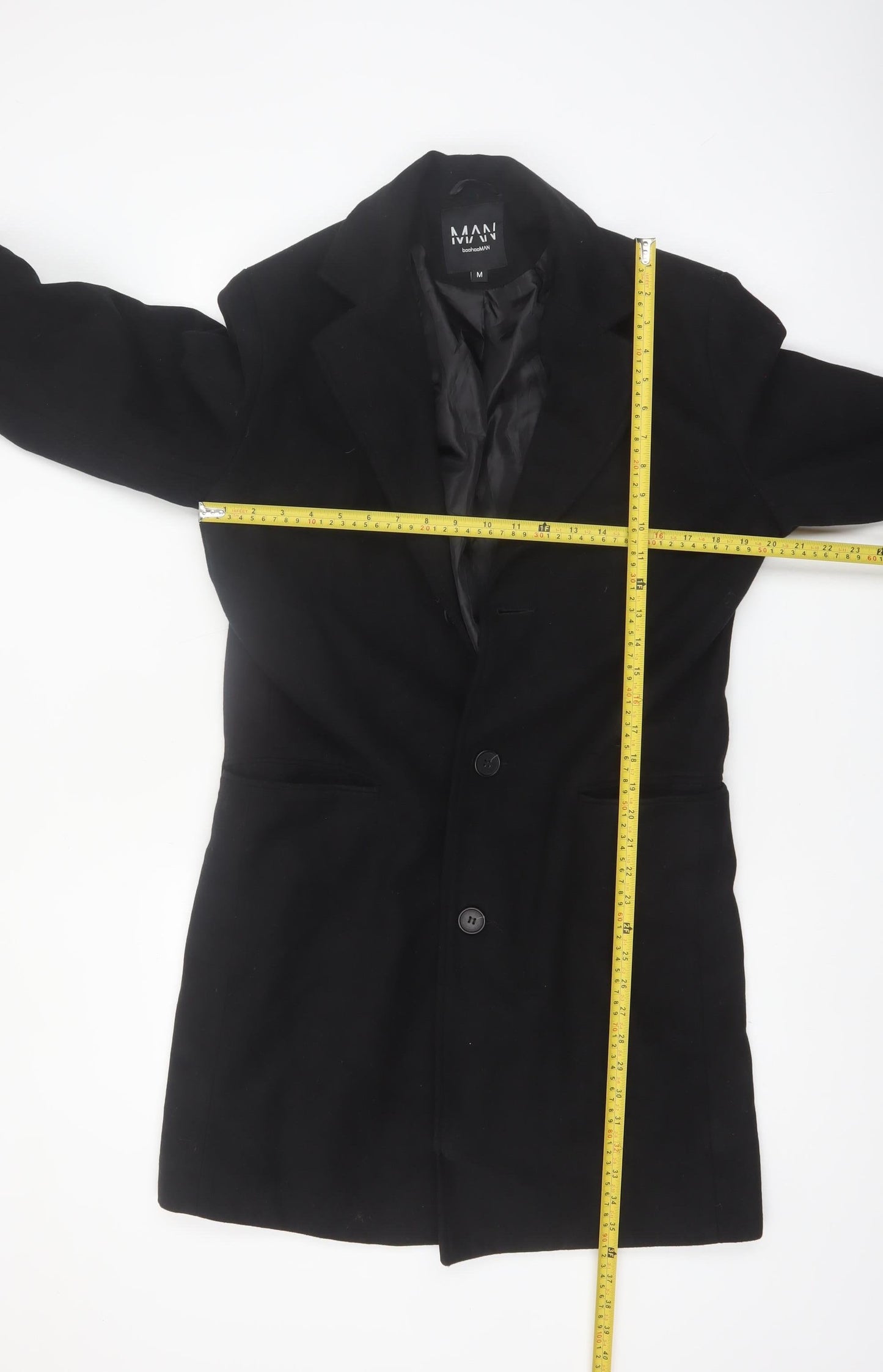 boohooMAN Men's Black Mid-Length Overcoat Size M Classic Style