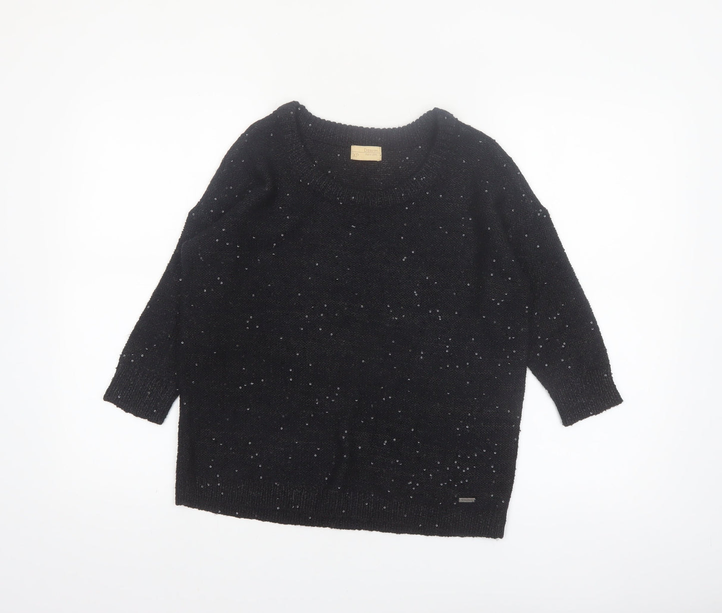 Dzarm Womens Black Sequin Knit Pullover Jumper Size 2XS